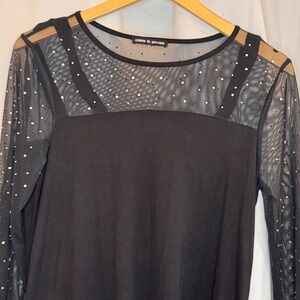 Cable & Gauge Rhinestone Embellished Black Mesh‎ Top Blouse Party Elegant